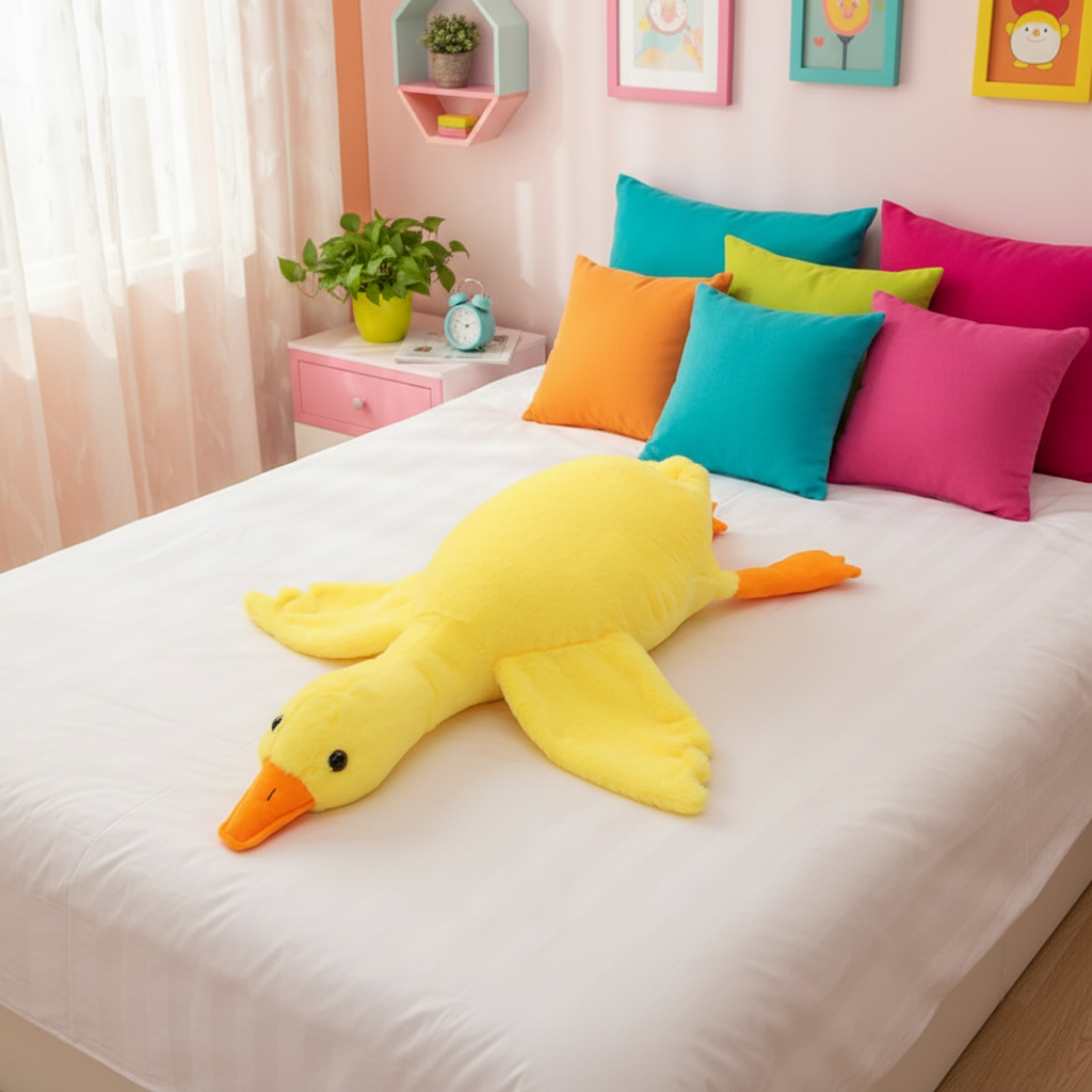 Yellow duck plush toy on a bed with colorful pillows in a bright bedroom.