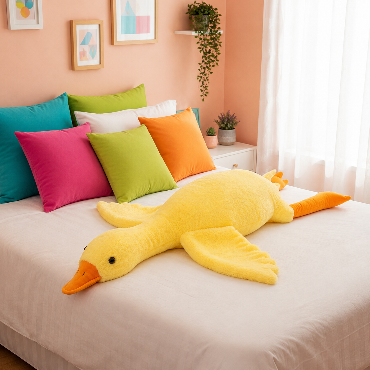 A large yellow plush goose toy with orange beak and feet lies across a bed with white bedding in a softly lit bedroom. Colorful pillows in teal, pink, green, and orange are arranged behind it, with peach walls, framed art, and a small plant visible in the background.