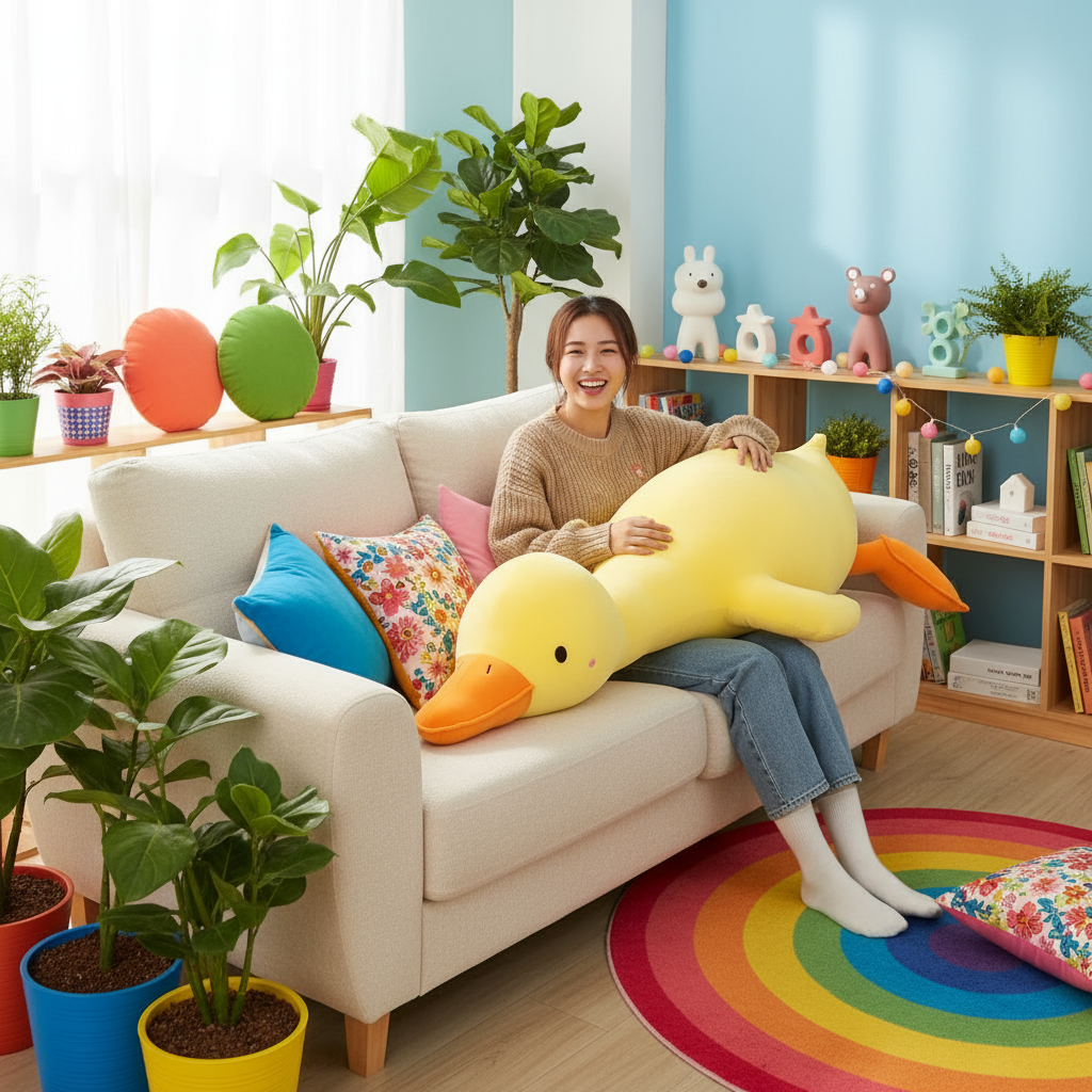Person sitting on a couch holding a large yellow duck plush toy in a colorful living room.