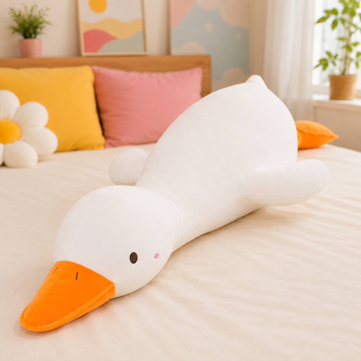 A long white duck-shaped plush body pillow with an orange beak and orange tail, lying on a bed in a softly decorated bedroom.