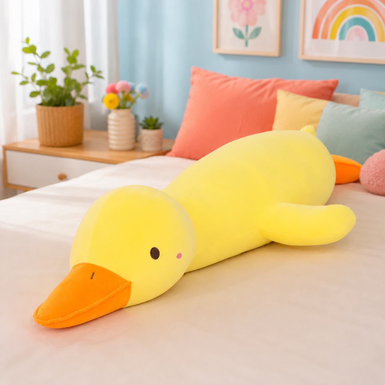 A large yellow duck-shaped plush body pillow with an orange beak lies stretched across a bed in a bright, pastel bedroom. The room includes colorful pillows, potted plants, and framed wall art.