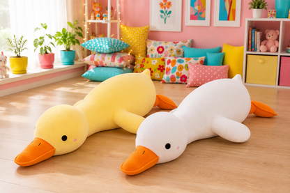 Two plush duck-shaped body pillows, one yellow and one white, both with orange beaks, displayed in a colorful children's bedroom setting.