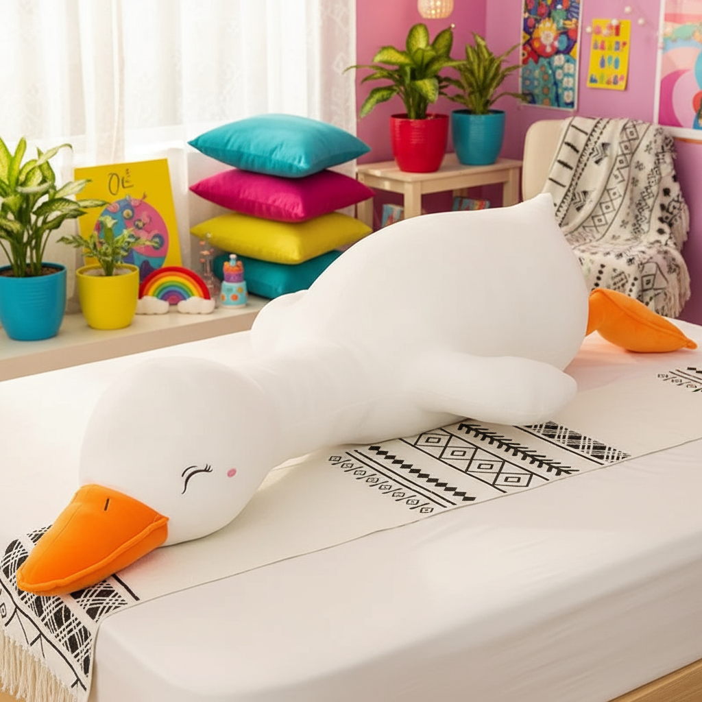 White swan-shaped pillow on a bed with colorful pillows and plants in the background