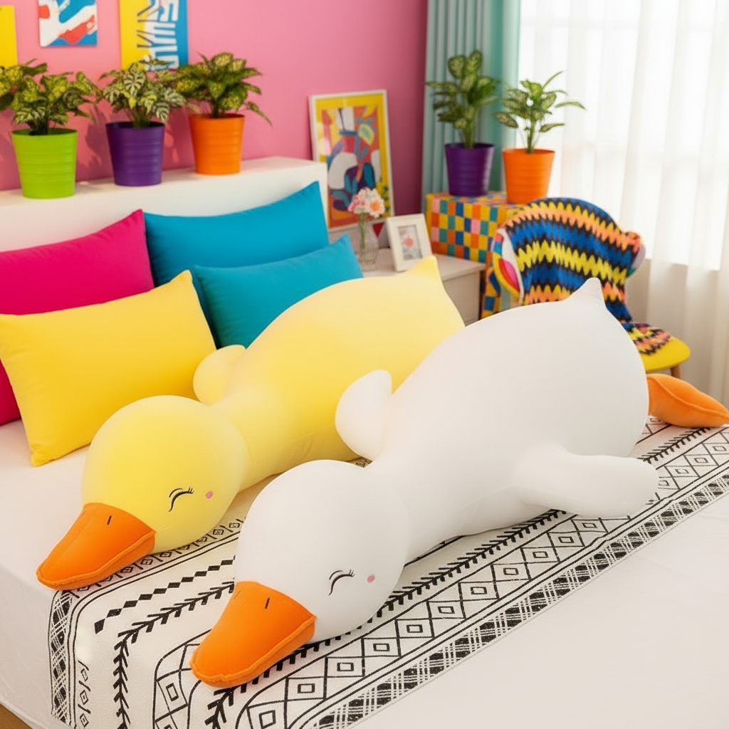 Colorful room with a large white duck plush toy on a bed