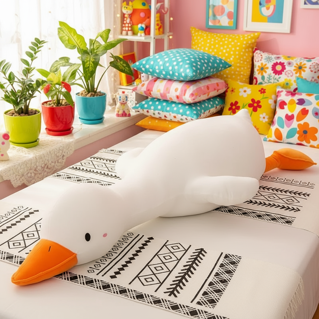 Colorful room with a swan-shaped pillow on a bed, surrounded by pillows and plants.
