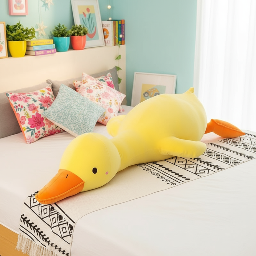 Large yellow duck plush toy on a couch with colorful pillows and a light blue wall in the background.