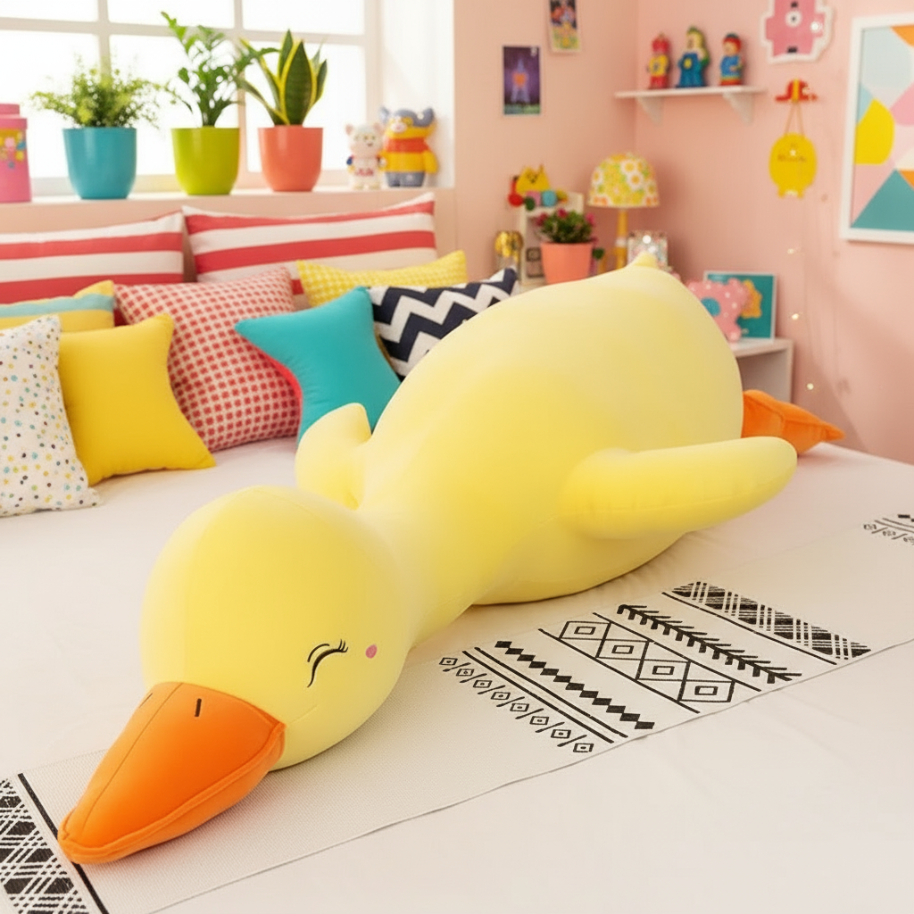 Large yellow duck plush toy on a bed in a colorful room with pillows and plants.