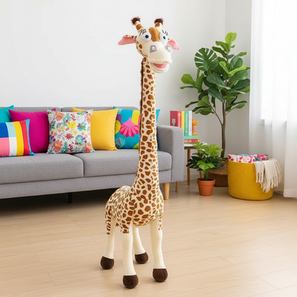 Plush giraffe toy in a living room with colorful pillows and plants
