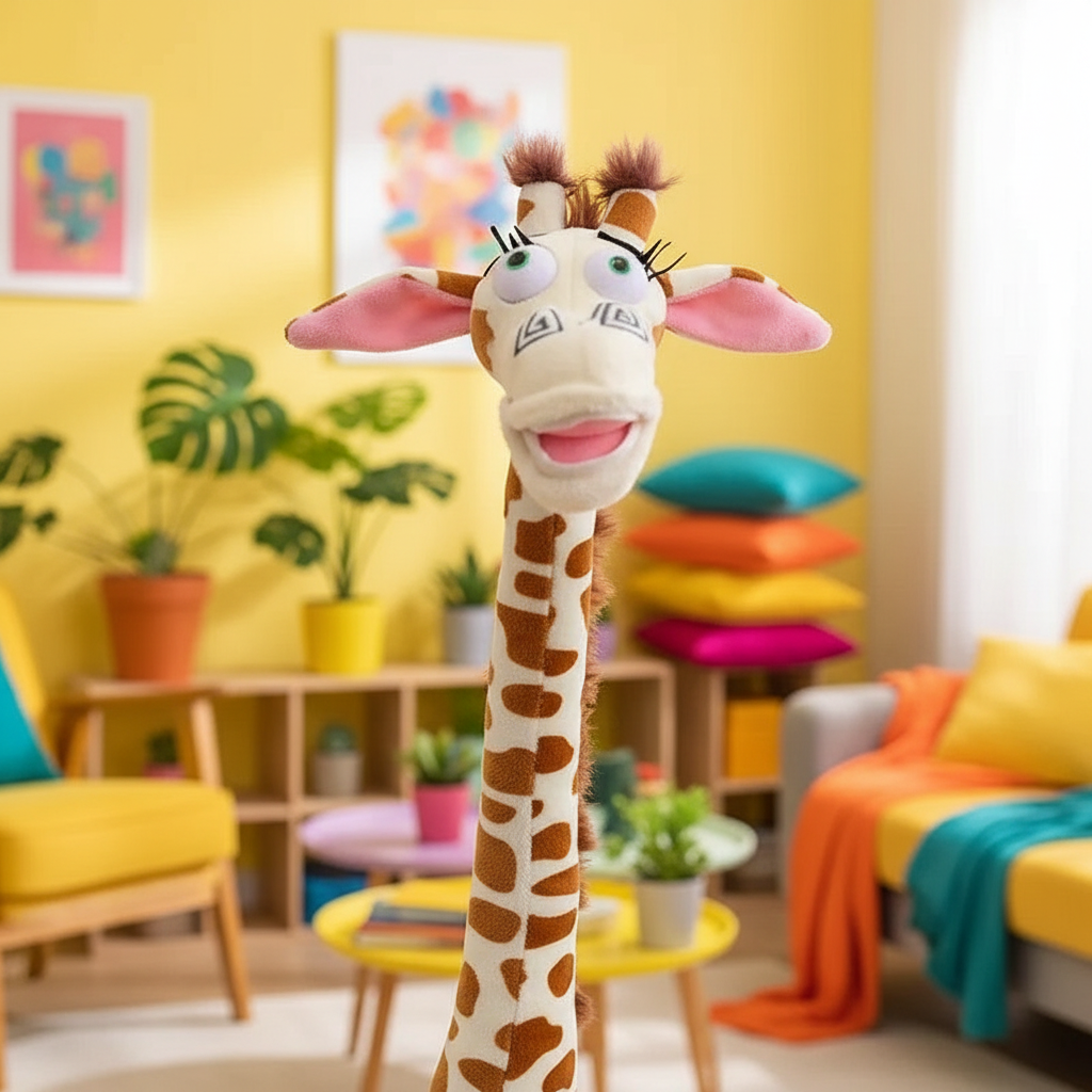 Plush giraffe toy in a colorful living room