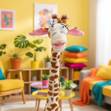 Plush giraffe toy in a colorful living room