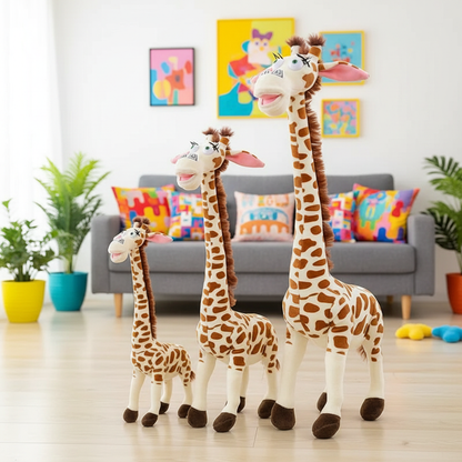 Three plush giraffes of different sizes in a room with colorful cushions and plants.