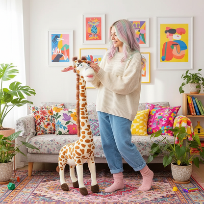 Woman holding a plush giraffe in a colorful living room