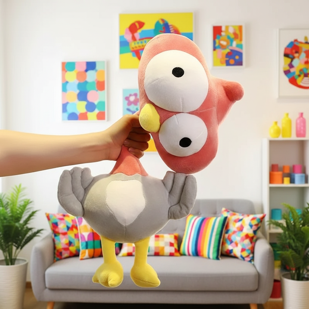 Person holding a large plush toy in a colorful living room