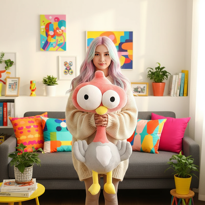 Person holding a large plush toy in a living room with colorful decor