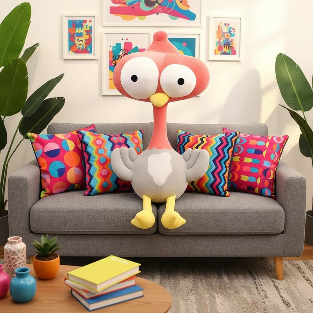 Colorful plush toy on a gray sofa with patterned cushions in a living room setting.