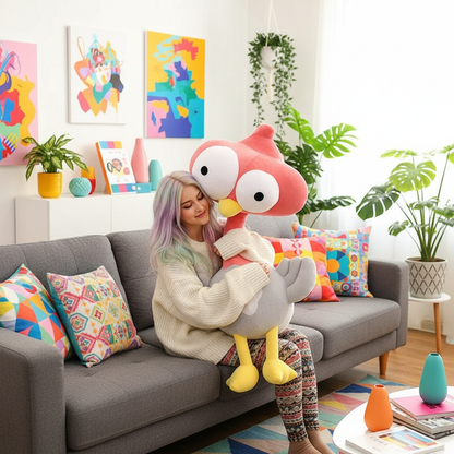 Woman sitting on a couch holding a large plush toy in a colorful living room.