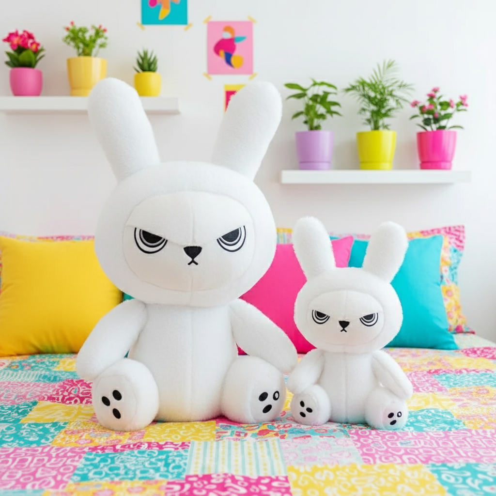 Two white plush bunny toys on a colorful bed with decorative pillows and plants in the background.