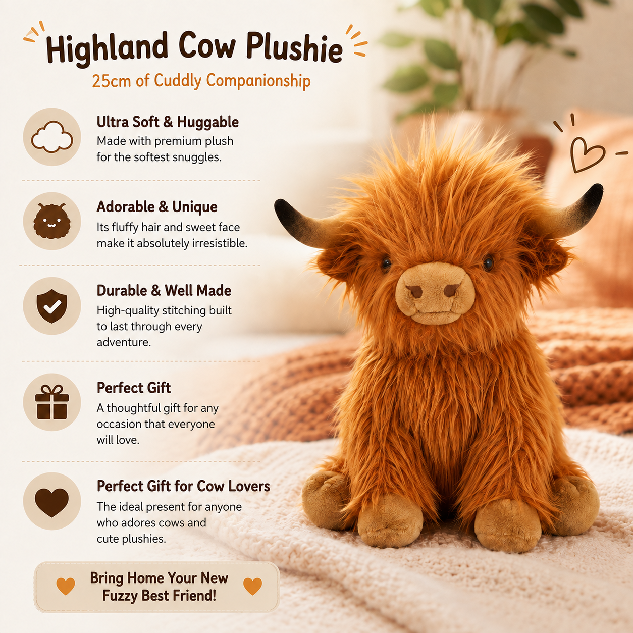 A Highland cow plush toy sits on a soft blanket with promotional text on the left. The plush has fluffy orange-brown hair, a cream-colored snout and forehead patch, dark horns, and tan hooves.