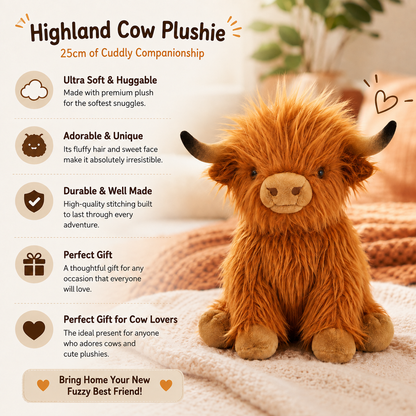 A Highland cow plush toy sits on a soft blanket with promotional text on the left. The plush has fluffy orange-brown hair, a cream-colored snout and forehead patch, dark horns, and tan hooves.
