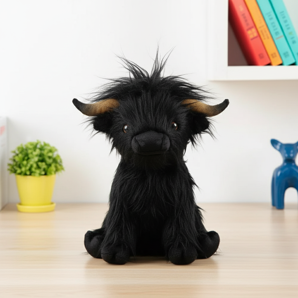 Black plush highland cow toy with horns on a wooden surface