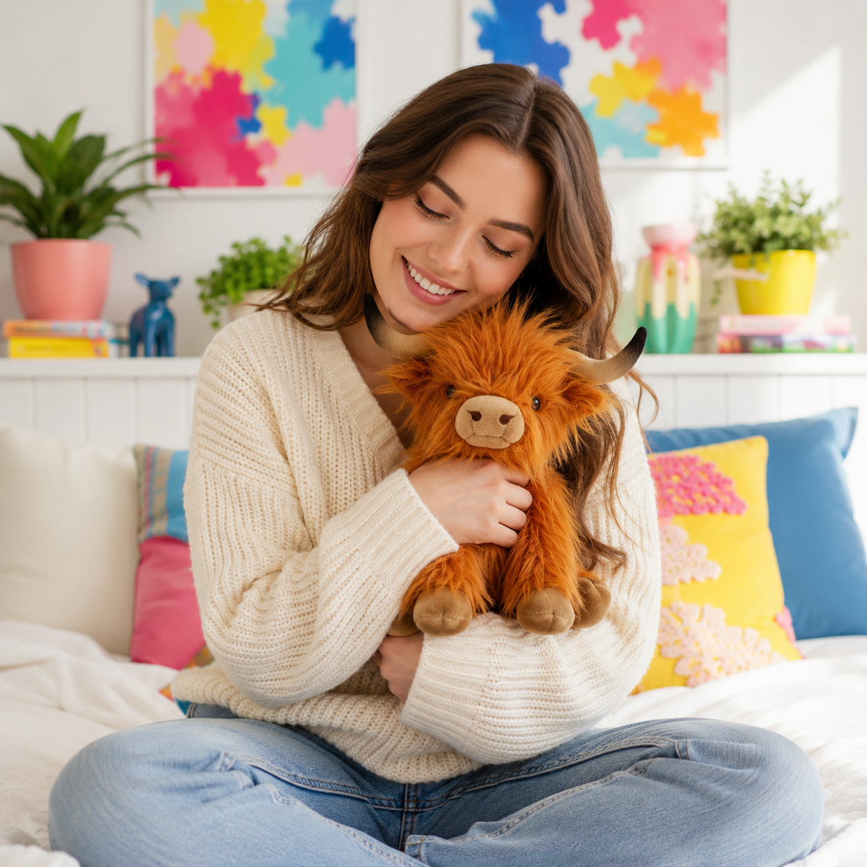 A woman sitting on a bed in a bright bedroom, smiling while holding a fluffy orange Highland cow plush toy. She is wearing a cream knit sweater and blue jeans, with colorful pillows and abstract art in the background.