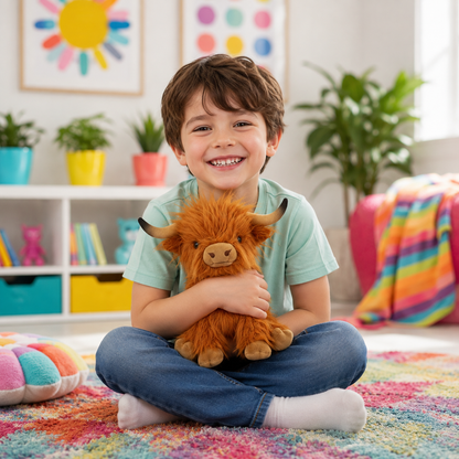 A smiling young boy sits cross-legged on a colorful rug in a bright, playful room, holding a fluffy orange-brown Highland cow plush toy.