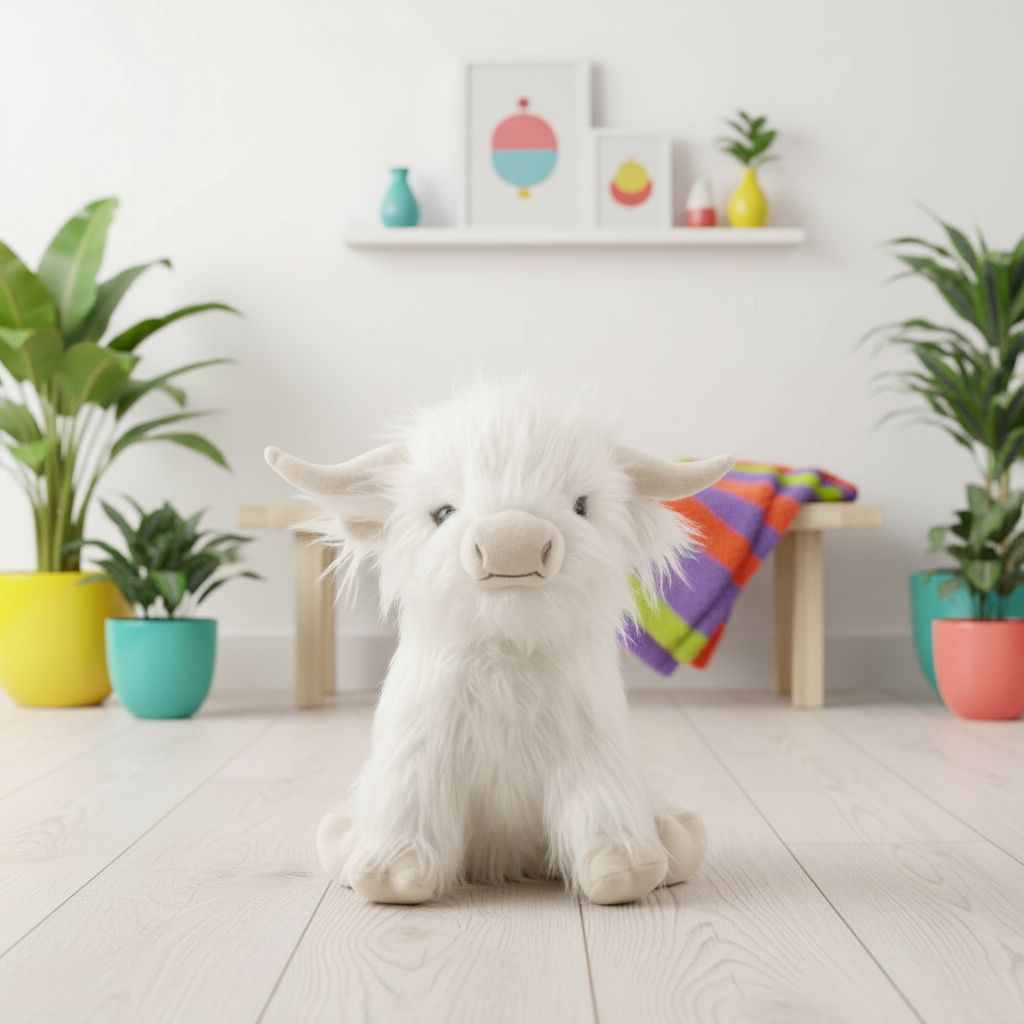 White plush highland cow toy on a wooden floor with plants and colorful decor in the background