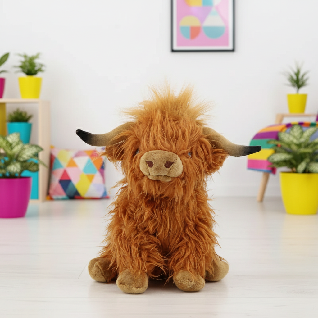 Plush toy Highland cow in a room with colorful decor and plants