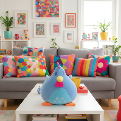 Colorful living room with a gray sofa, decorative pillows, and a plush toy on a coffee table.