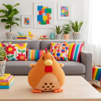 Plush toy on a table with a colorful living room in the background