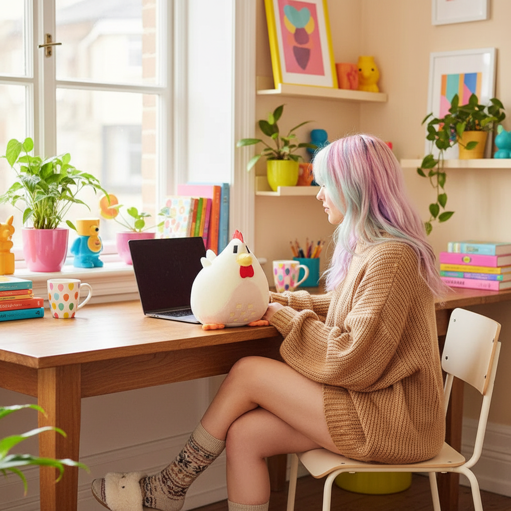 Person with pastel hair sitting at a desk with a laptop and a large plush chicken, surrounded by plants and books.