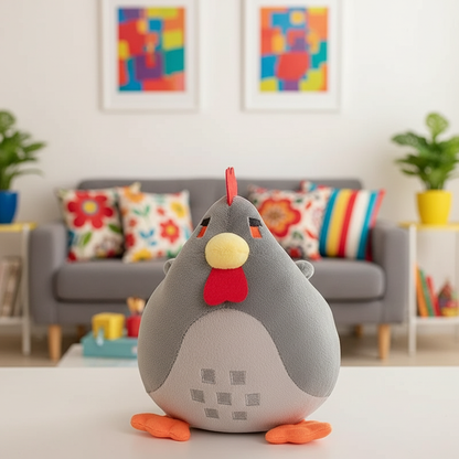 Plush toy resembling a chicken on a table with a colorful living room in the background