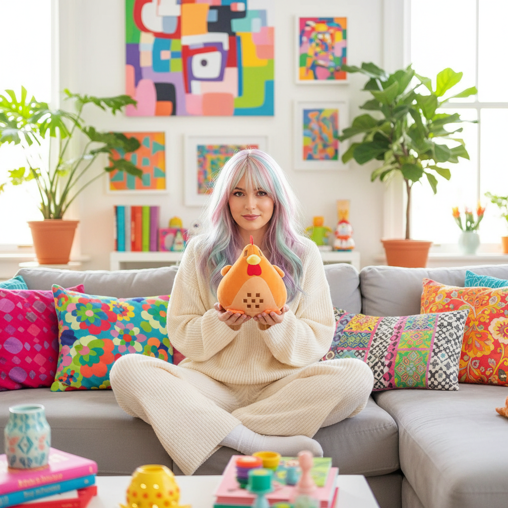 Woman sitting on a colorful couch holding a plush toy, with vibrant artwork and plants in the background.