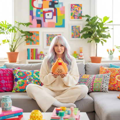 Woman sitting on a colorful couch holding a plush toy, with vibrant artwork and plants in the background.