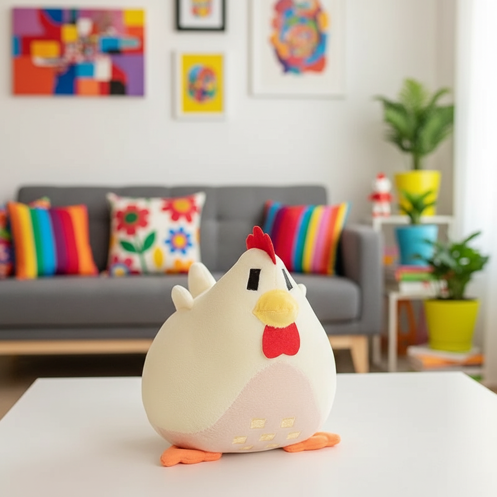 Plush chicken toy on a table with a colorful living room background
