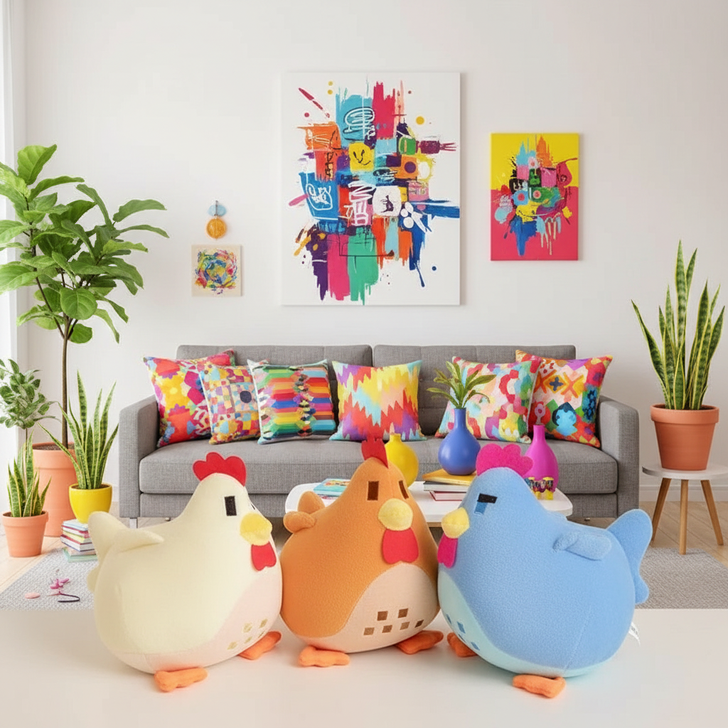 Colorful plush toys in front of a gray sofa with patterned cushions, colorful abstract art on the wall, and potted plants.