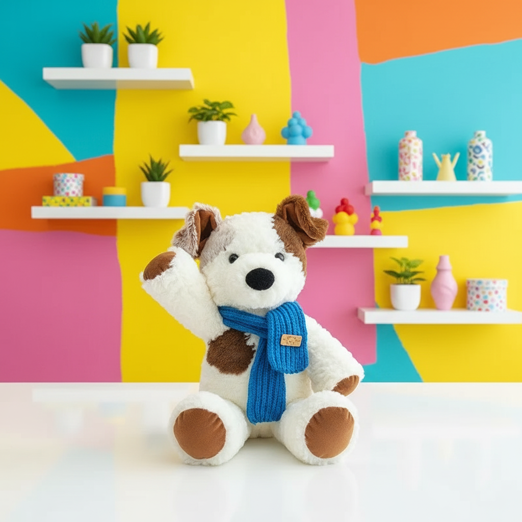 Plush dog with a blue scarf in front of a colorful geometric wall.