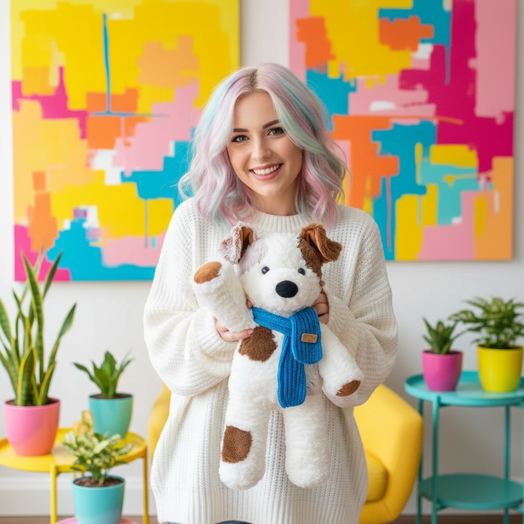 Woman holding a plush dog toy with a colorful abstract painting in the background