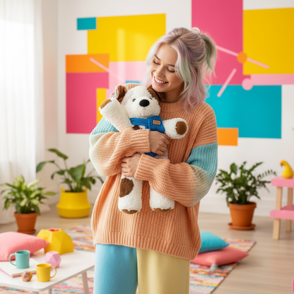 Woman holding a plush dog toy in a colorful room with plants and furniture.