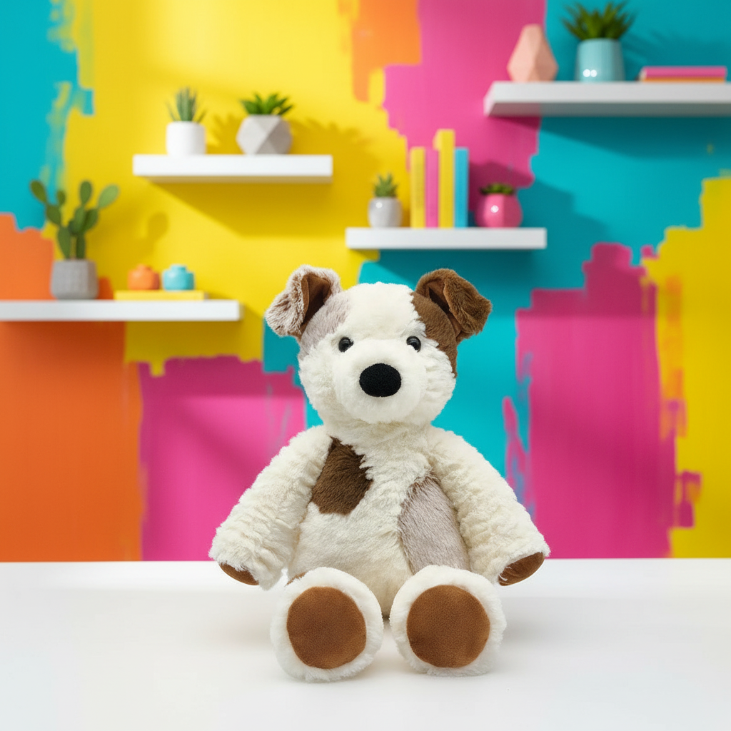 Plush dog in front of a colorful abstract wall with shelves and plants.