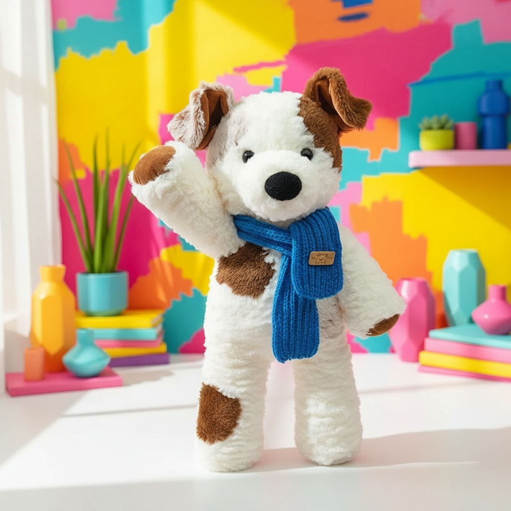 Stuffed dog with a blue scarf in a colorful room