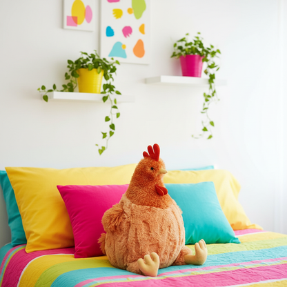 Plush chicken toy on a colorful bed with decorative pillows and plants in the background.