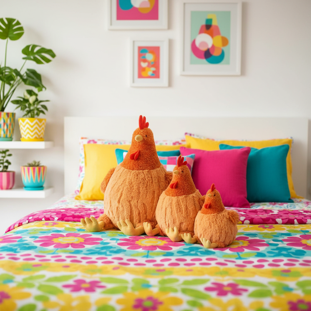 Colorful bedroom with floral bedding, colorful pillows, and three orange chicken-shaped cushions.