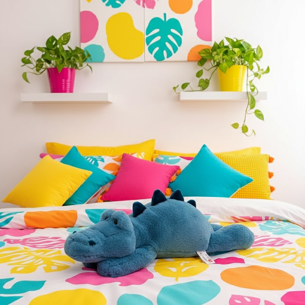 Colorful bedding set with pillows and a crocodile plush toy on a bed, featuring a vibrant abstract painting on the wall.