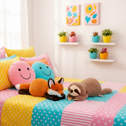 Colorful bedroom with pillows, plush toys, and wall art.