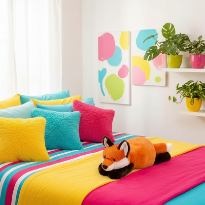 Colorful bedroom with a bed featuring multicolored pillows and a fox-shaped plush toy, with abstract art and plants on the wall.