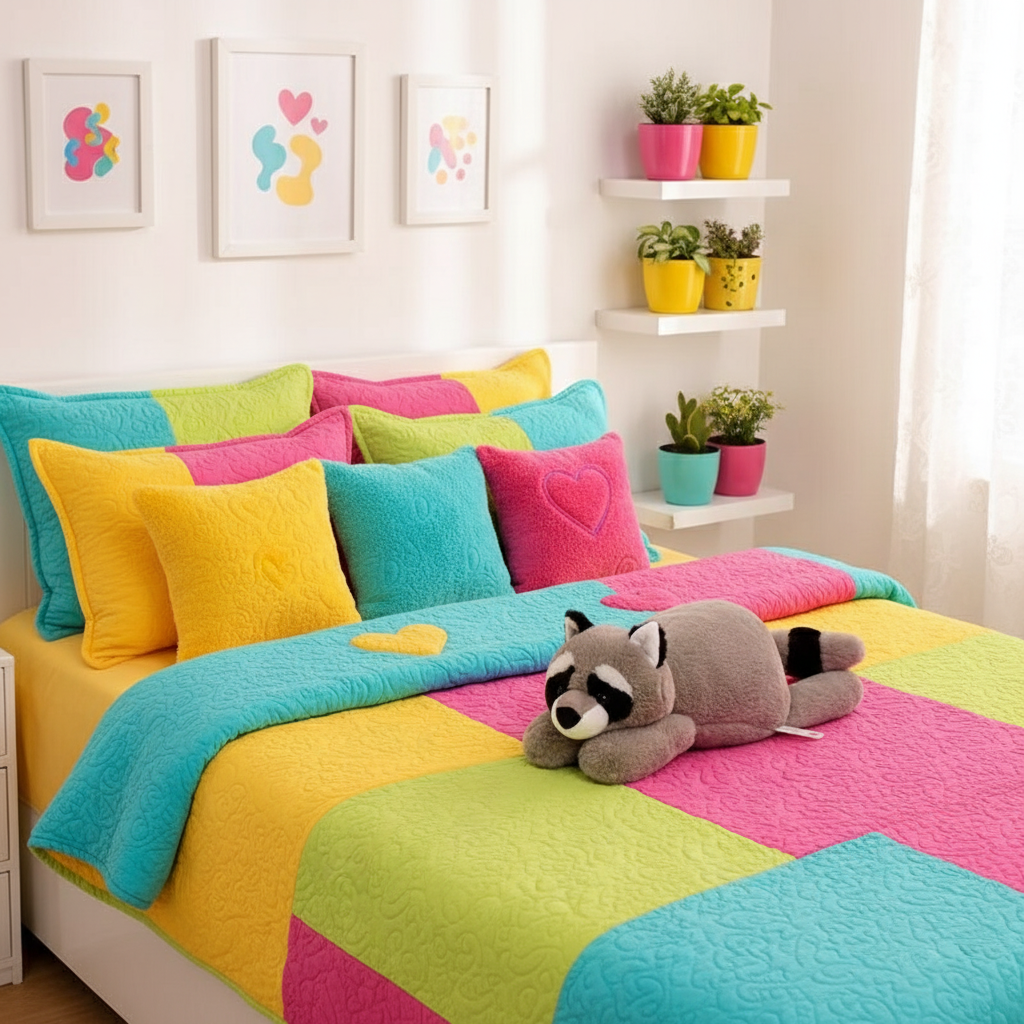 Colorful bedding set on a bed with decorative pillows and a plush raccoon toy in a bright bedroom.