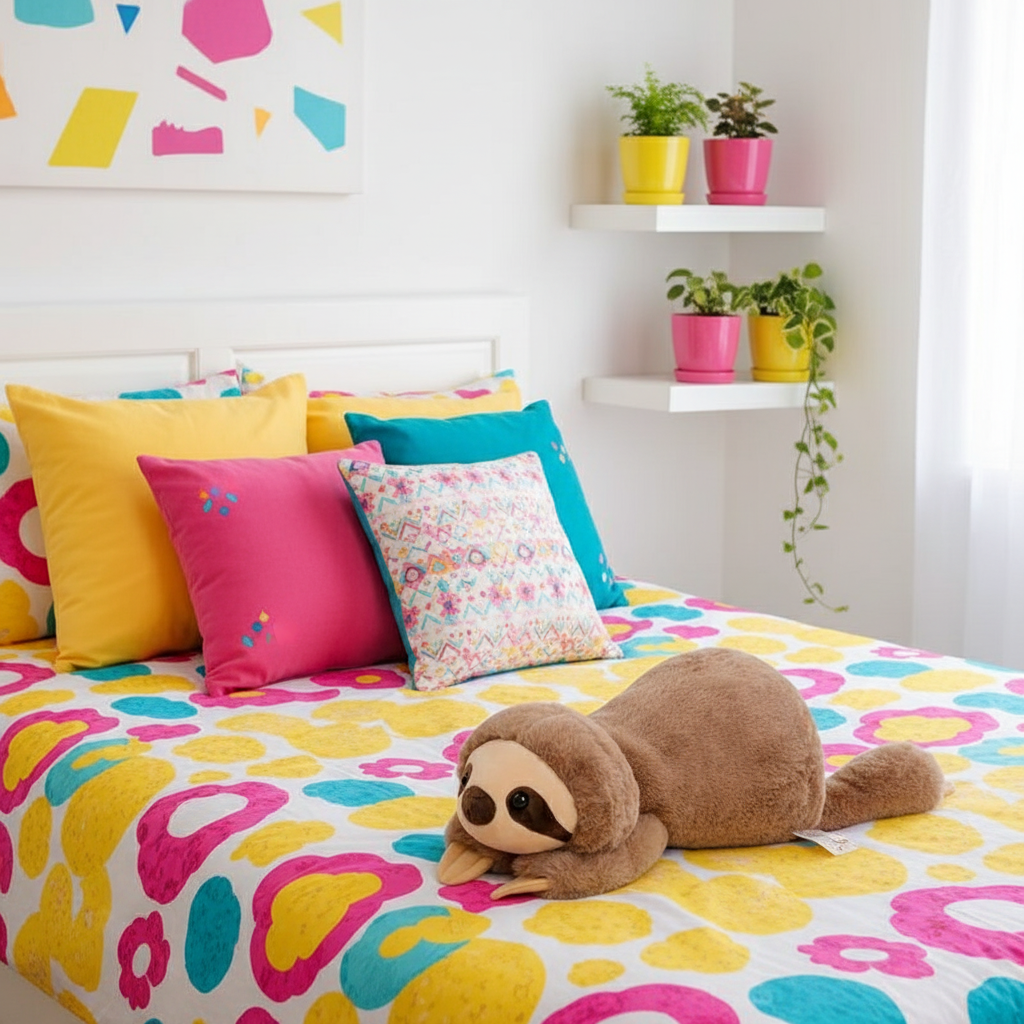 Colorful bedding with a sloth plush toy on a bed in a room with shelves and plants.