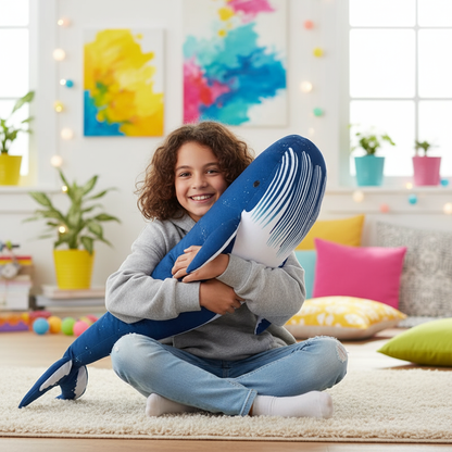 Child holding a blue whale shark-shaped plushie pillow in a colorful room with plants and toys.