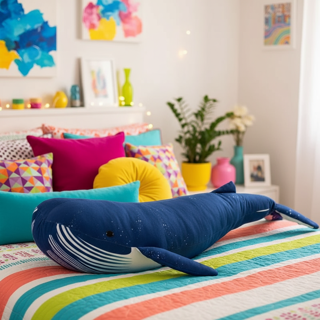 Blue whale-shaped plushie pillow on a colorful striped bed with a vibrant room in the background